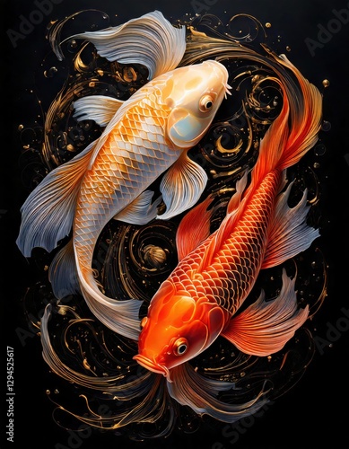 Gracefully navigating a vibrant, swirling backdrop of intricate gold and black accents, two detailed koi fish represent the essence of harmony and prosperity.