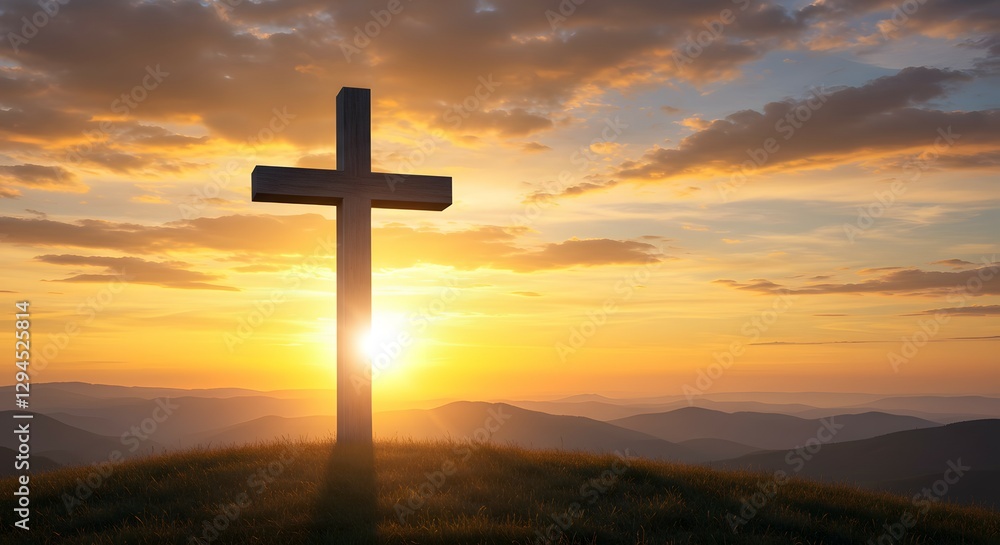 Sunset Behind Cross On Hill Symbolizing Faith And Hope. Sunset Behind Cross On Hill Symbolizing Faith And Hope.