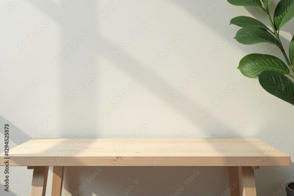 Fototapeta premium Simple Wooden Table with Sunlight and Greenery A Minimalist Mockup Scene