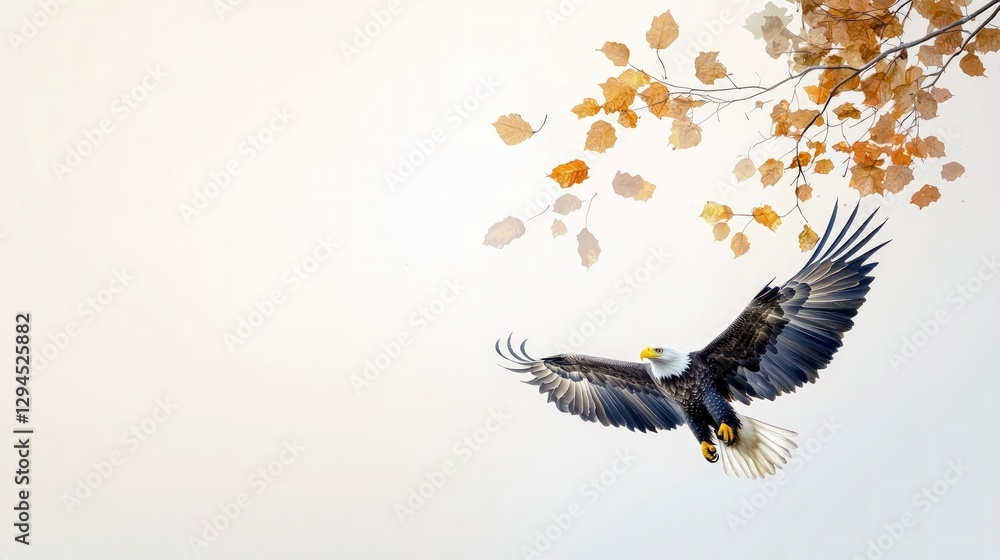 Fototapeta premium Majestic Bald Eagle Soaring Autumn Leaves Wildlife Photography