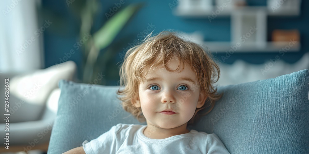 Young child with curly hair and bright blue eyes sitting comfortably on a blue couch in a stylish, modern living room Young child with curly hair and bright blue eyes sitting comfortably on a blue couch in a stylish, modern living room