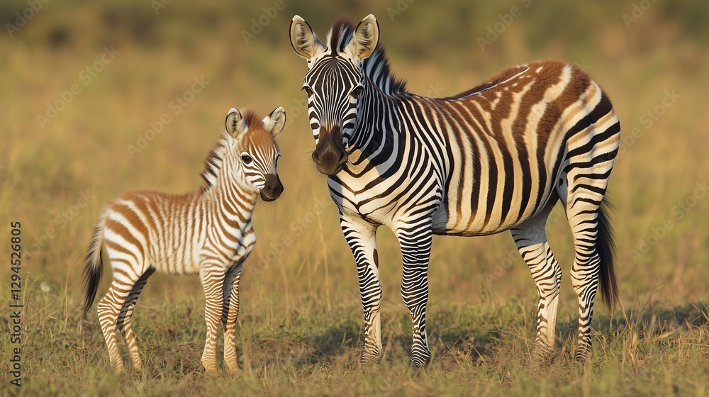 Naklejka premium Freshly Born Zebra Foal Standing Beside Its Striped Mother, Bold Patterns in the Sunlight