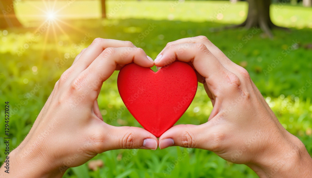 Hands forming a heart shape in sunny park, symbol of love Hands forming a heart shape in sunny park, symbol of love