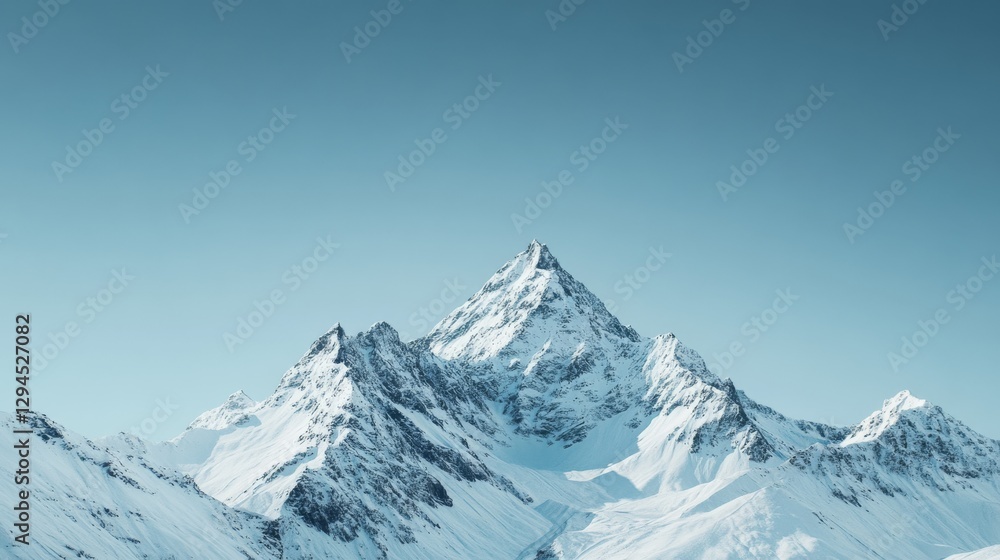 Fototapeta premium Majestic snowy peaks rise against a clear blue sky, capturing the awe and grandeur of untouched natural landscapes.