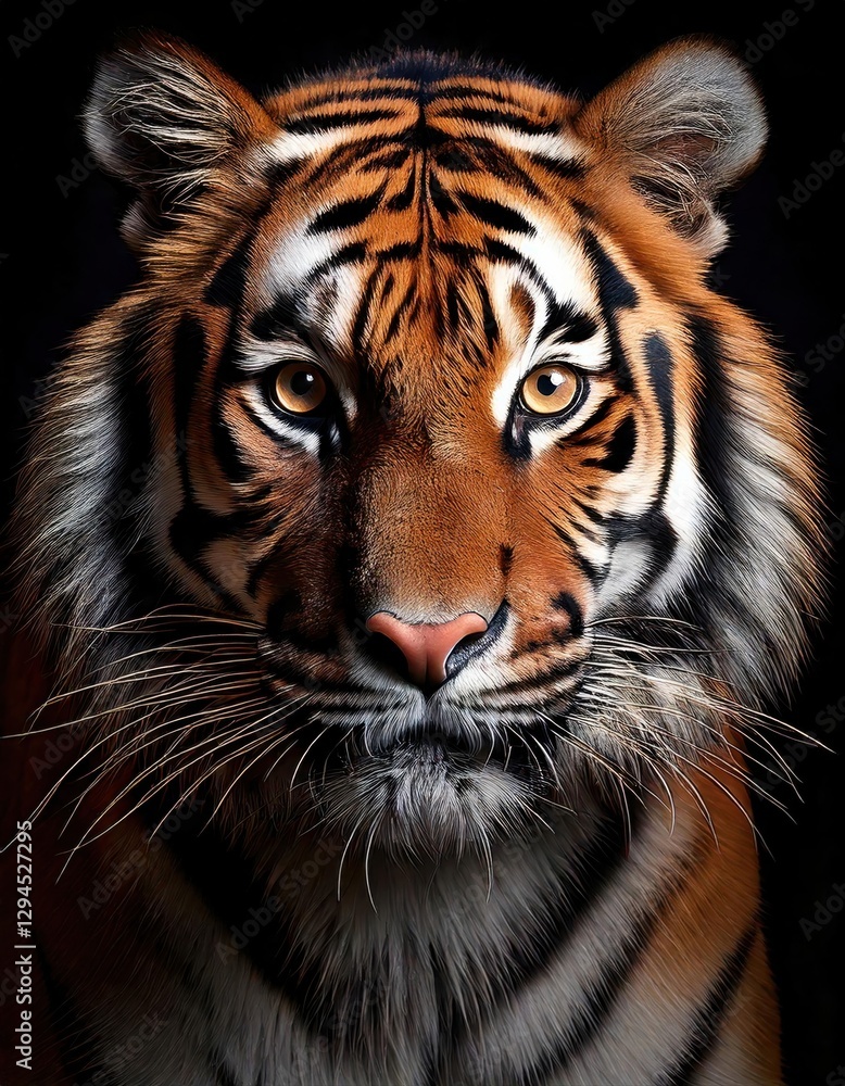 Fototapeta premium In this captivating close-up, the tiger mesmerizing amber eyes and meticulously rendered fur are highlighted by its powerful, intense stare against a deep, dark backdrop.