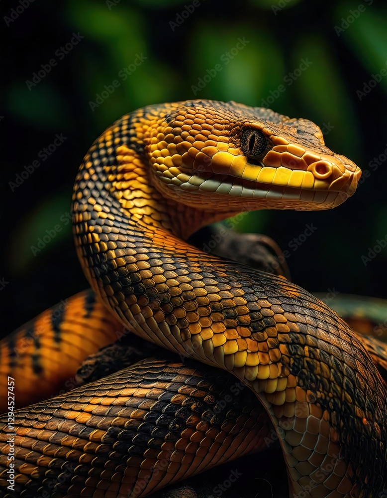 Fototapeta premium A striking close-up of a snake with intricate golden and black scales, coiled gracefully in a lush, green jungle environment.