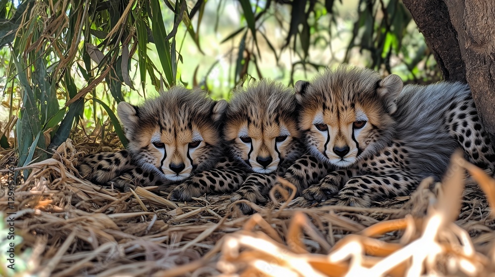 Obraz premium Newborn Cheetah Cubs Resting Under Shade, Camouflaged Amidst the Savanna Grass