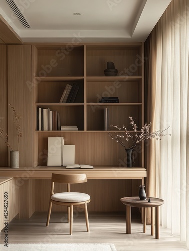 A wooden desk chair and bookshelf combination shown in a room