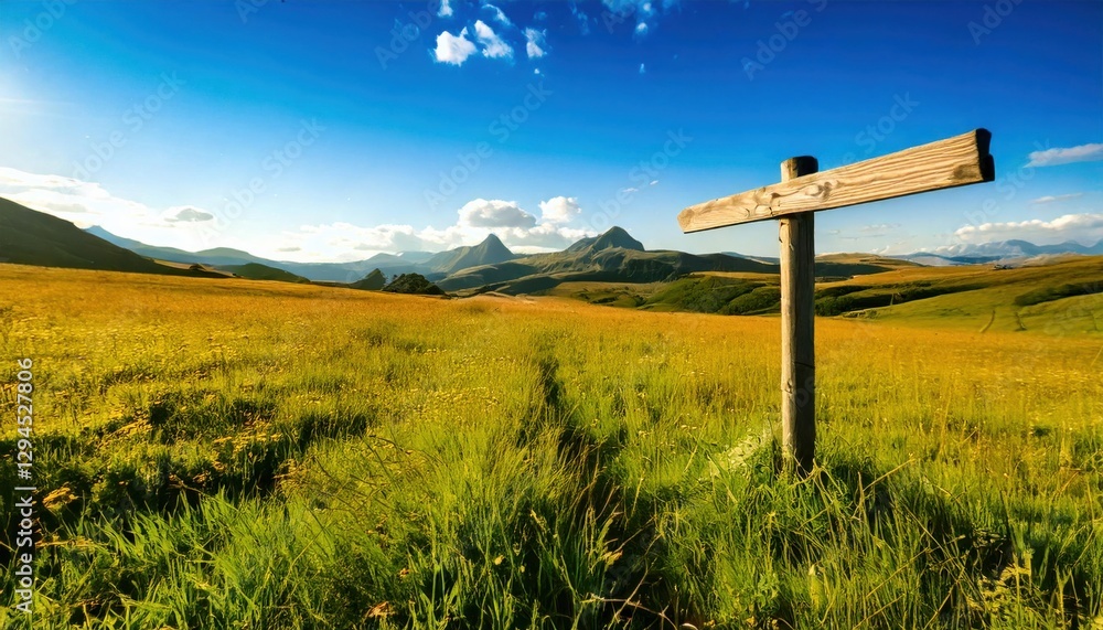 In the middle of a vibrant meadow, a rustic wooden signpost stands tall, surrounded by rolling hills, towering mountains, and a sky painted with soft clouds. In the middle of a vibrant meadow, a rustic wooden signpost stands tall, surrounded by rolling hills, towering mountains, and a sky painted with soft clouds.