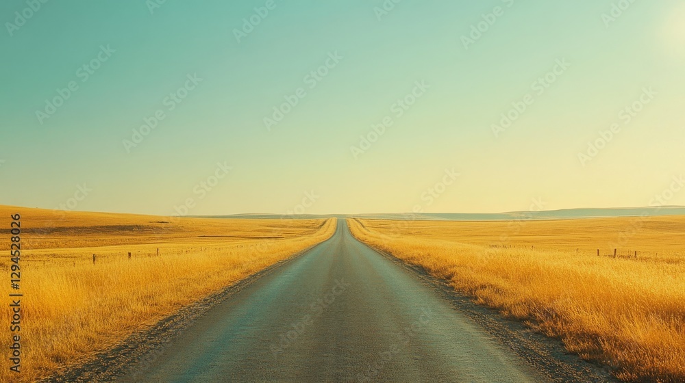 Naklejka premium A long, empty road stretches into the distant horizon beneath a clear blue sky, flanked by golden fields, evoking freedom and endless possibilities.