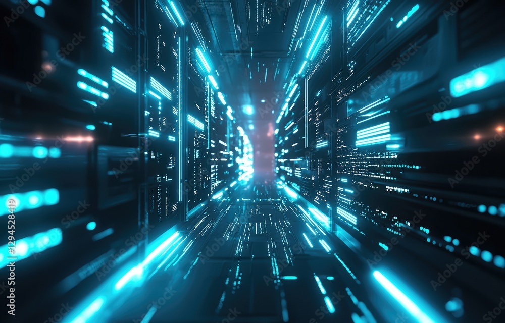custom made wallpaper toronto digitalA futuristic data center with glowing blue lights and high-speed digital connections, symbolizing cloud computing, cybersecurity, and AI. Perfect for technology themes