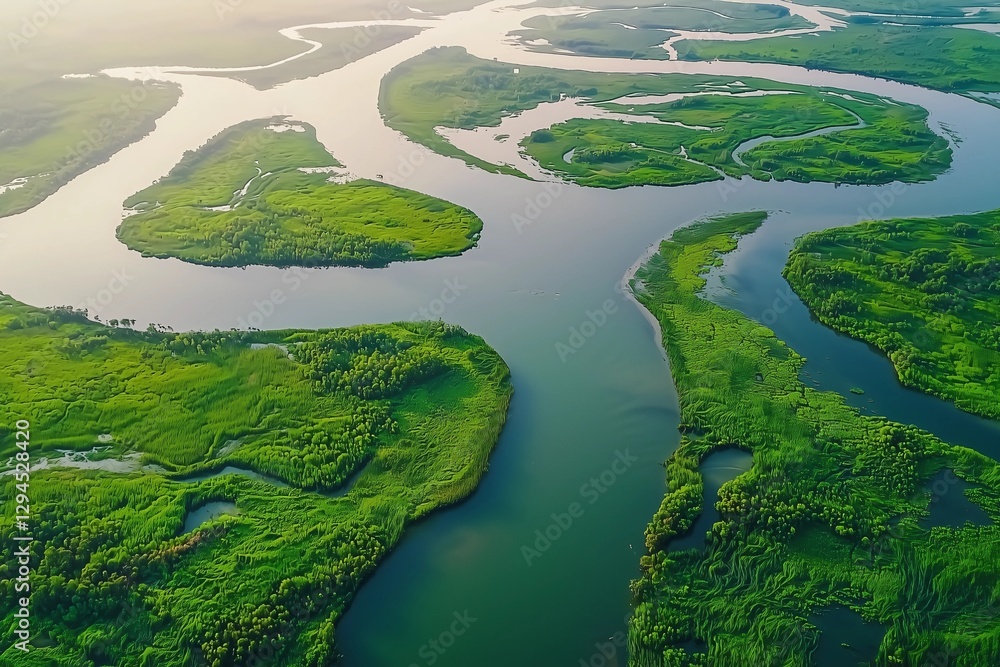 Aerial view of winding rivers surrounded by lush green islands, showcasing nature's beauty and the intricate patterns of waterways. Aerial view of winding rivers surrounded by lush green islands, showcasing nature's beauty and the intricate patterns of waterways.