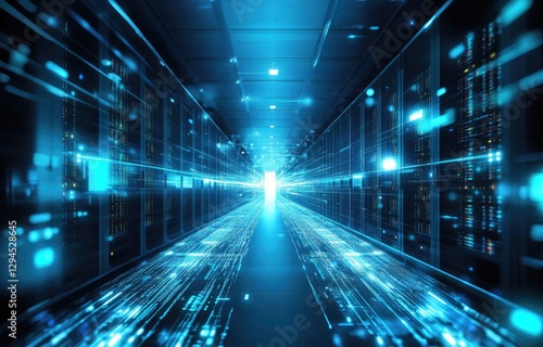 A futuristic data center with glowing blue lights and high-speed digital connections, representing cloud computing, cybersecurity, and AI. Ideal for technology themes