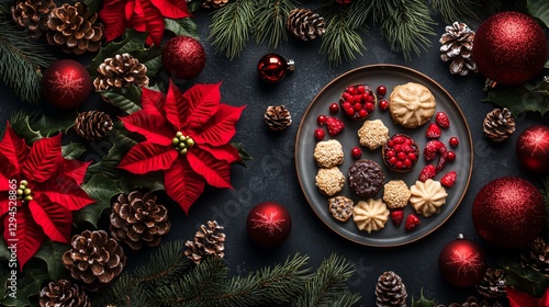 Festive Christmas cookies and ornaments on dark background