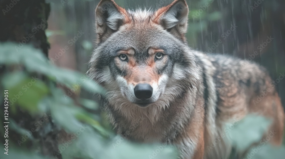 Fototapeta premium Majestic Wolf in Rain Soaked Forest Intense Gaze Wildlife Photography