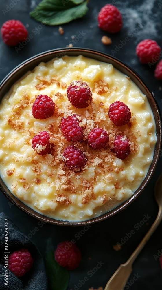 Creamy dessert with raspberries and toasted flakes served in a bowl on a dark surface Creamy dessert with raspberries and toasted flakes served in a bowl on a dark surface