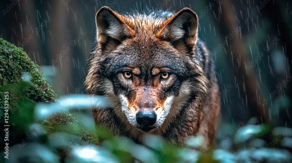 Fototapeta premium Majestic Wolf in Rain Wild Canid Intense Gaze Forest Nature