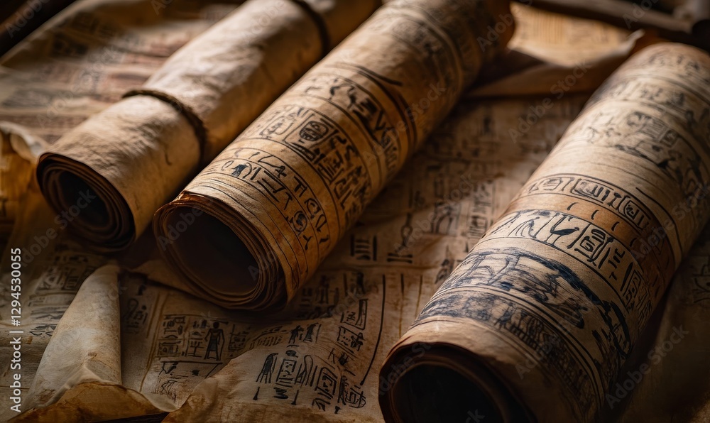 Ancient papyrus scrolls showing hieroglyphs laying open. Ancient papyrus scrolls showing hieroglyphs laying open.