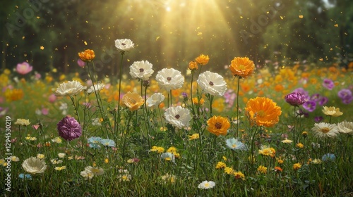 Sunlit Meadow  Vibrant Spring Flowers  Blooming Garden  Golden Hour