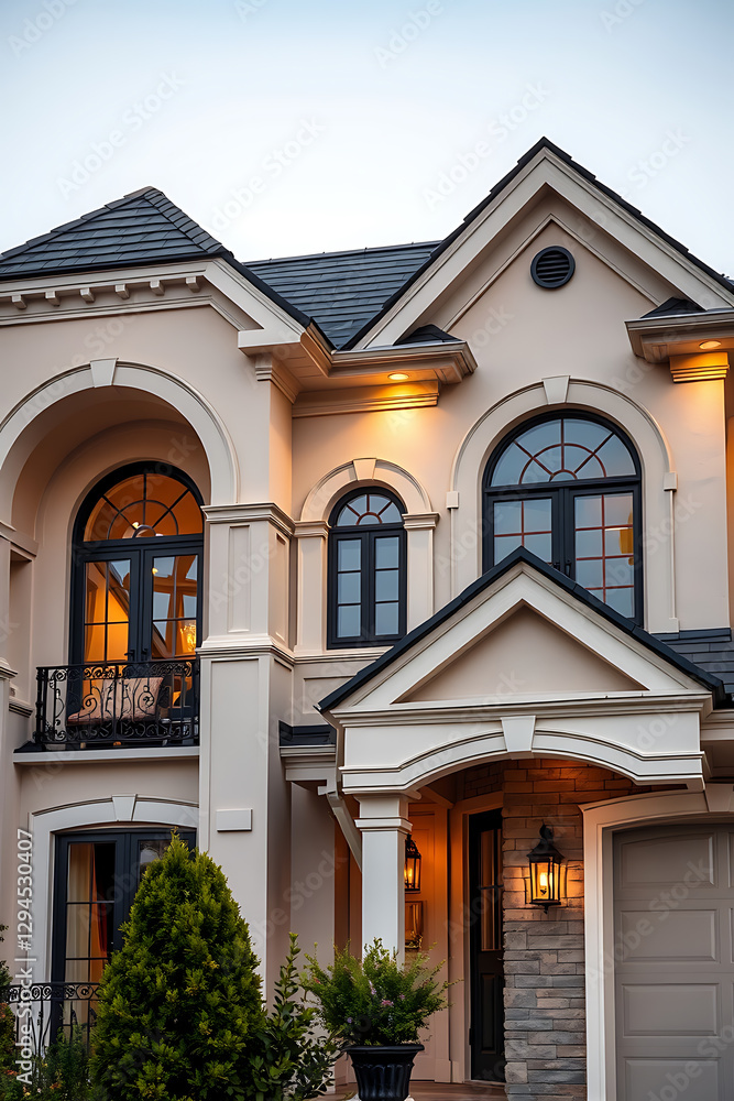 Luxury House Exterior at Dusk: Elegant Home Design and Architecture. Real Estate Photography Luxury House Exterior at Dusk: Elegant Home Design and Architecture. Real Estate Photography