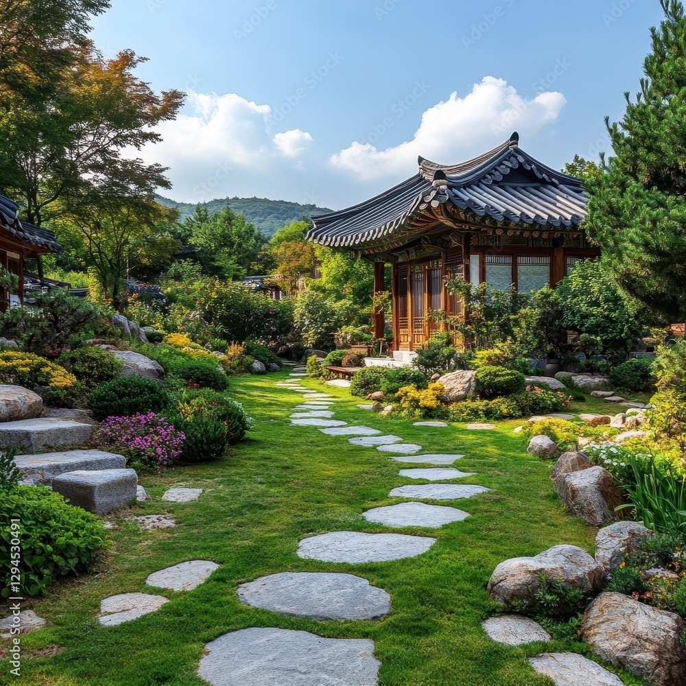 A beautiful Korean garden features a pathway to a traditional pavilion A beautiful Korean garden features a pathway to a traditional pavilion