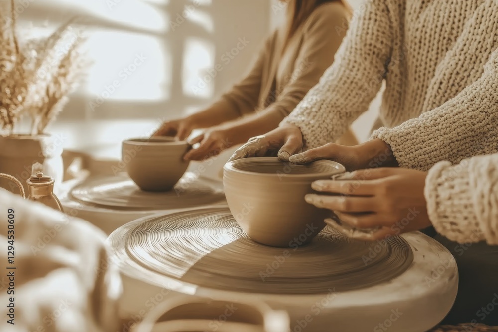 Pottery workshop: two people crafting clay bowls with artistic precision and natural lighting Pottery workshop: two people crafting clay bowls with artistic precision and natural lighting