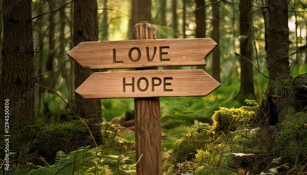 A rustic wooden signpost in a lush green forest features arrows with the words A rustic wooden signpost in a lush green forest features arrows with the words