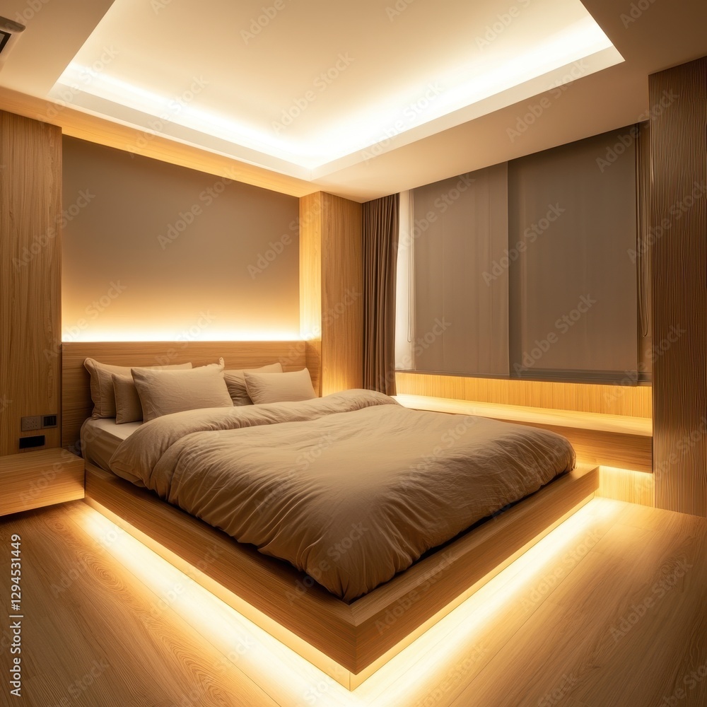 A modern bedroom shows the wooden elements and lighting