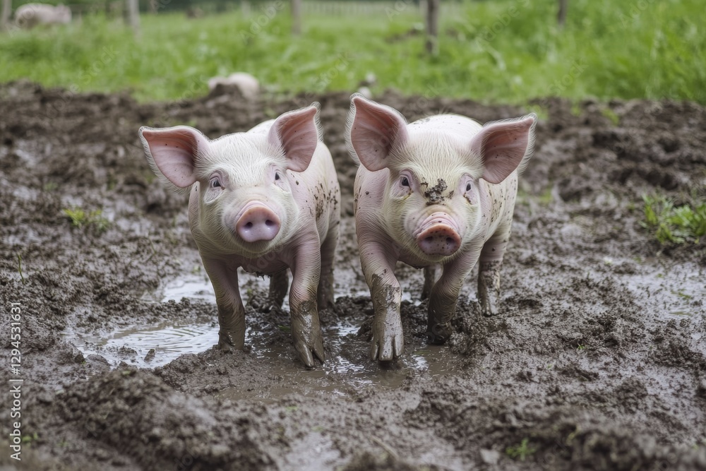 Adorable piglets playing in mud on a sunny farm day Adorable piglets playing in mud on a sunny farm day
