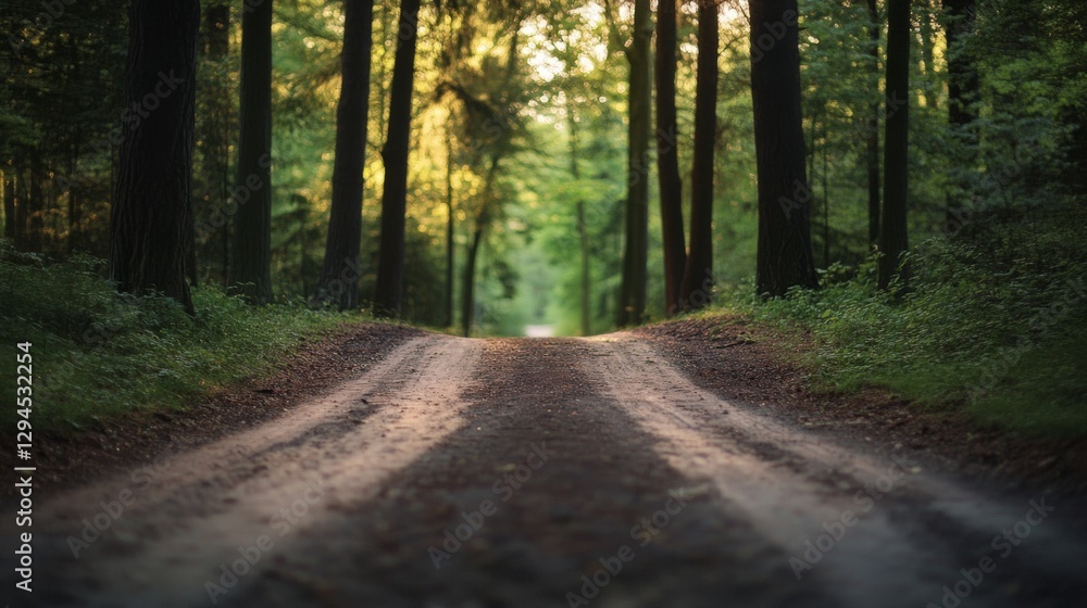 Fototapeta premium Sunlight filters through tall trees on a forest path, inviting you to walk further into nature’s embrace and discover its tranquil secrets.