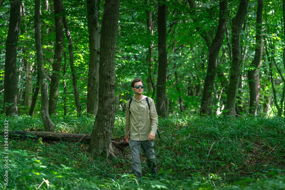 Fototapeta premium Adventurous man hiking through a forested mountain area, surrounded by lush green trees and dappled sunlight.