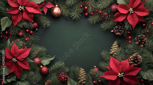 Festive Christmas wreath, ornaments, dark background