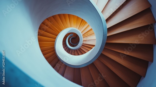 A vibrant, wooden spiral staircase, flowing dynamically with elegant curves in a play of color and geometry.