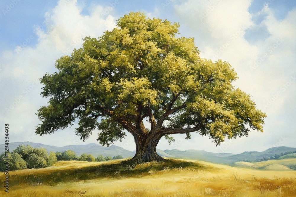 Majestic oak tree standing on a hill in a sunny summer landscape painting Majestic oak tree standing on a hill in a sunny summer landscape painting