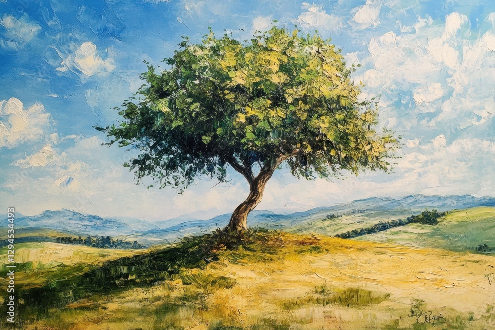 Impasto painting depicting a lonely tree growing on a hill in a beautiful landscape Impasto painting depicting a lonely tree growing on a hill in a beautiful landscape