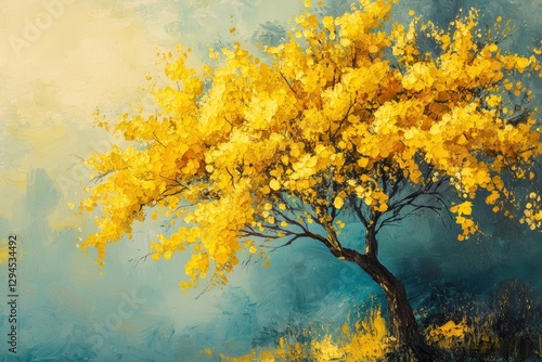 Yellow tree painting illuminating foggy landscape with warm sunlight