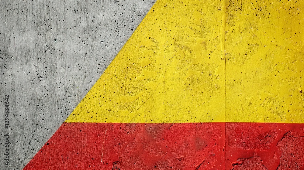 Naklejka premium Vibrant Wall Texture With Light Grey, Red, and Yellow Geometric Patterns in Urban Setting