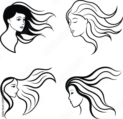 Woman s hair flowing in the wind line art illustration