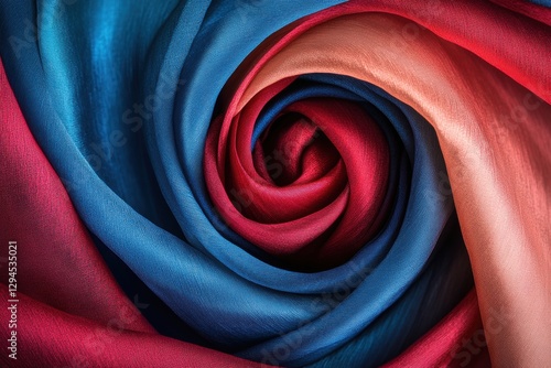 Colorful silk fabric forming swirling pattern, textile industry and fashion concept