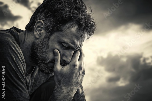 Depressed man suffering from grief and covering face with hands