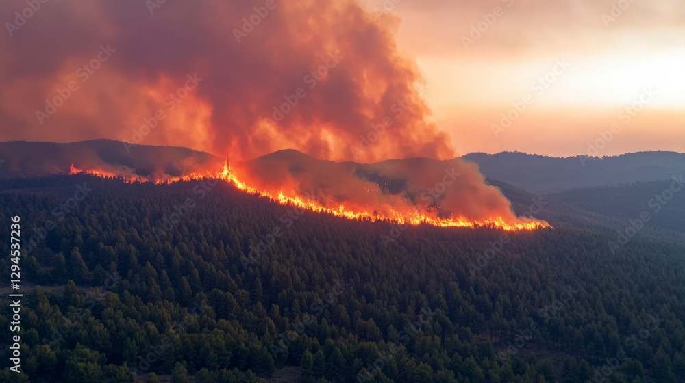 Fototapeta premium Wildfire Inferno Forest Fire Burning at Sunset Aerial View