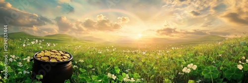 Golden coins in pot on clover field beneath rainbow and sunrise