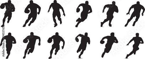 Various rugby player silhouettes in vector design, showcasing athletic movements and actions for sports and fitness themes