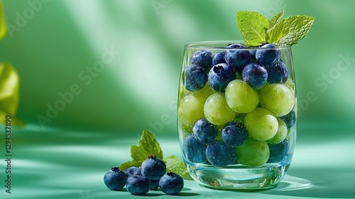A clear glass holds green grapes and blueberries with some blueberries and mint leaves scattered beside it on a green background