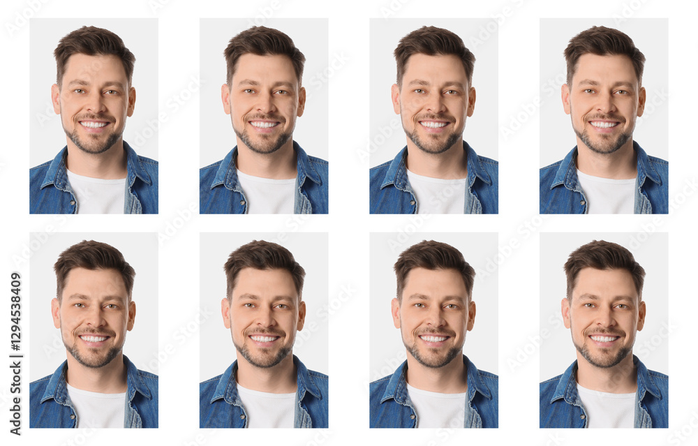 Photo of man for passport or other document on white background, set Photo of man for passport or other document on white background, set