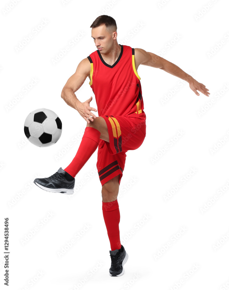 Football player in sportswear kicking soccer ball on white background Football player in sportswear kicking soccer ball on white background