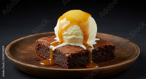 A delectable chocolate brownie topped with a scoop of vanilla ice cream and drizzled with rich caramel sauce. Served on a rustic wooden plate.