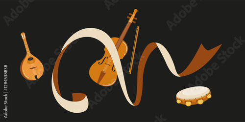 Musical instruments arranged with ribbons in a creative artistic design on a black background
