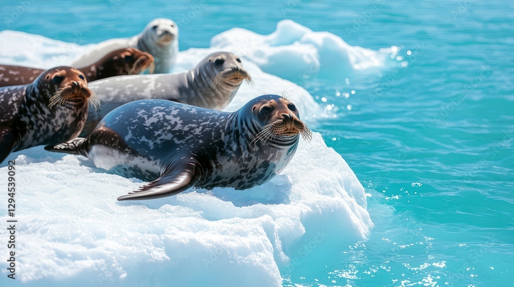 Obraz premium Antarctic Seals Resting on Iceberg Polar Wildlife Ocean Animals Turquoise Water