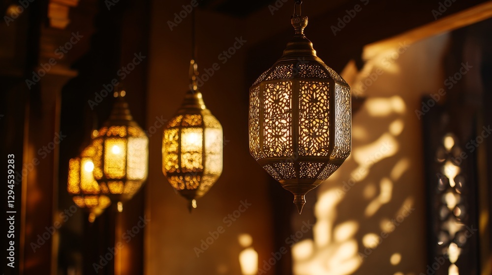 Fototapeta premium Illuminated lanterns hanging in a warm light environment.